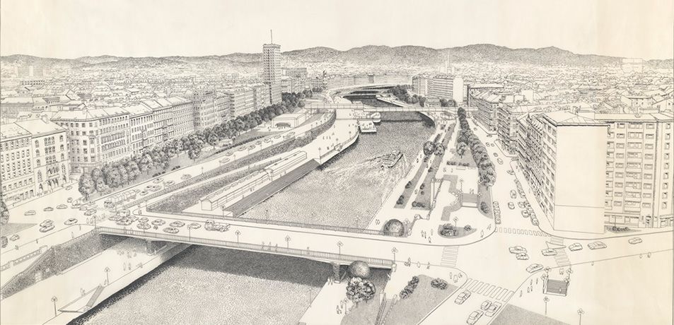 Viktor Hufnagl, Perspektive Donaukanal, Wien, ca. 1975, Tusche auf Transparentpapier, 109 x 66 cm