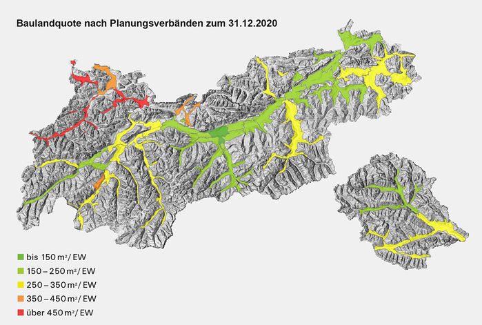 Gewidmetes Bauland je Einwohner*in, dargestellt im Dauersiedlungsraum; Baulandquote nach Planungsverbänden zum 31. 12. 2020