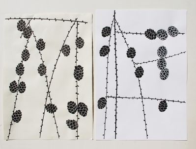 Carmen Müller, Lärchenzweige, Tusche auf Papier, 2018