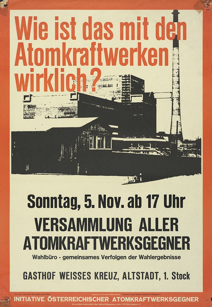 Plakat der Initiative Österreichischer Atomkraftwerksgegner für eine Versammlung im Gasthof Weißes Kreuz in Innsbruck